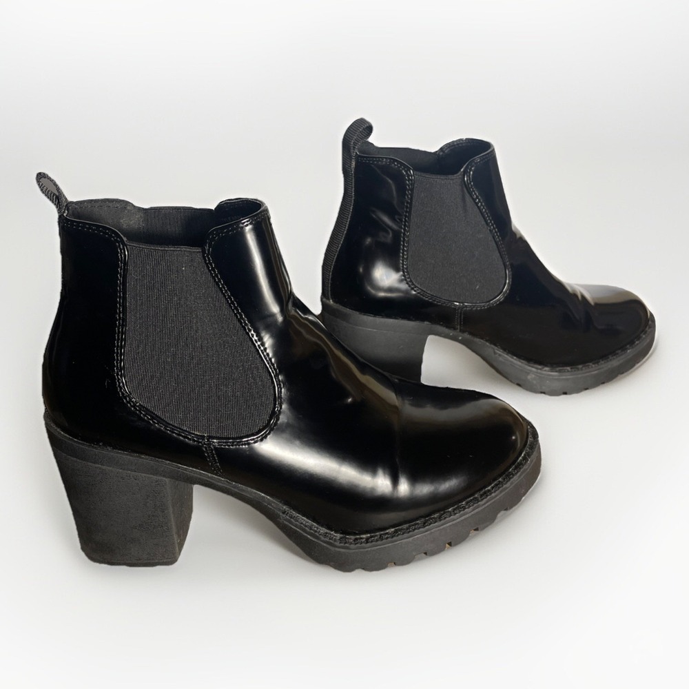 H by Halston Patent Leather Ankle Boot Women's 6 Black Slip On 3" Block Heel